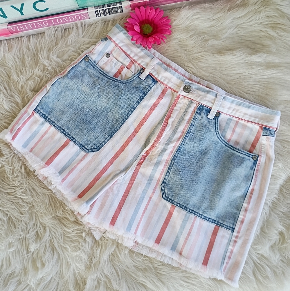 American Eagle Outfitters Red White & Blue Striped Denim Patch Pocket Mom Shorts